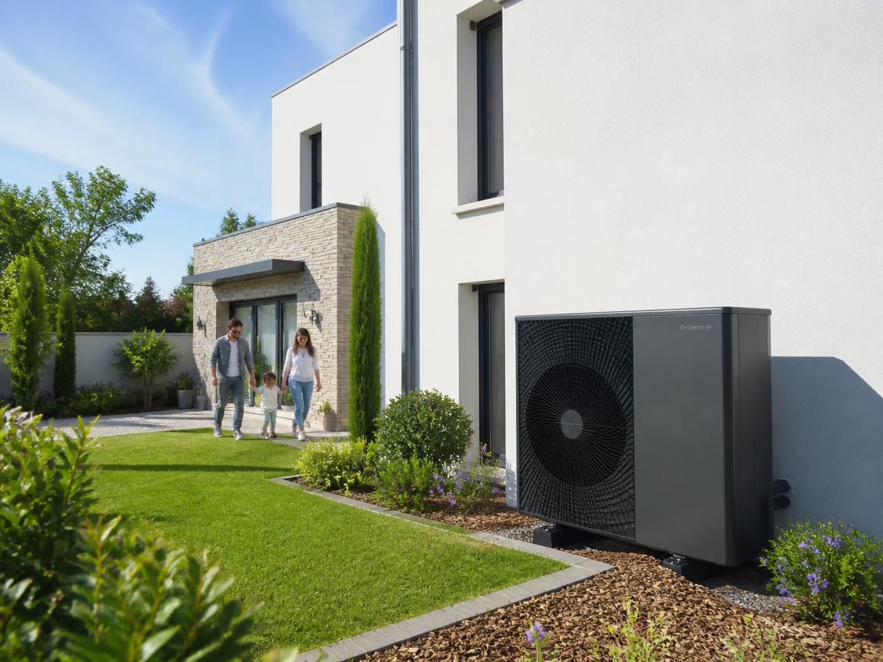 Maison individuelle moderne équipée d'une unité extérieure de pompe à chaleur air/eau